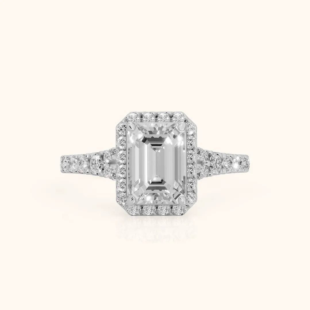 Bella Halo Pavé Emerald Diamond Engagement Ring in Silver — view 2