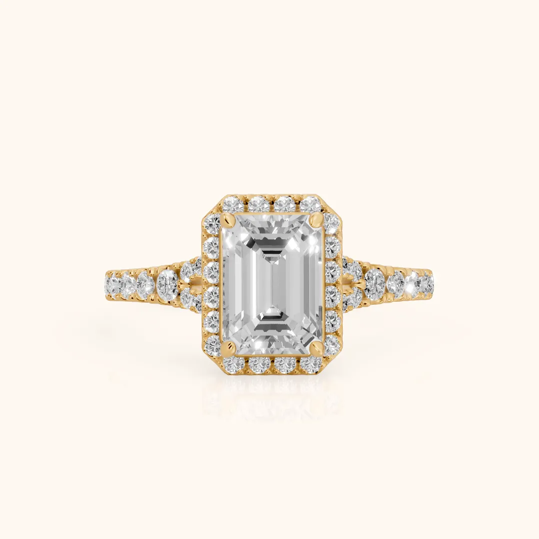 Bella Halo Pavé Emerald Diamond Engagement Ring in Yellow Gold — view 2