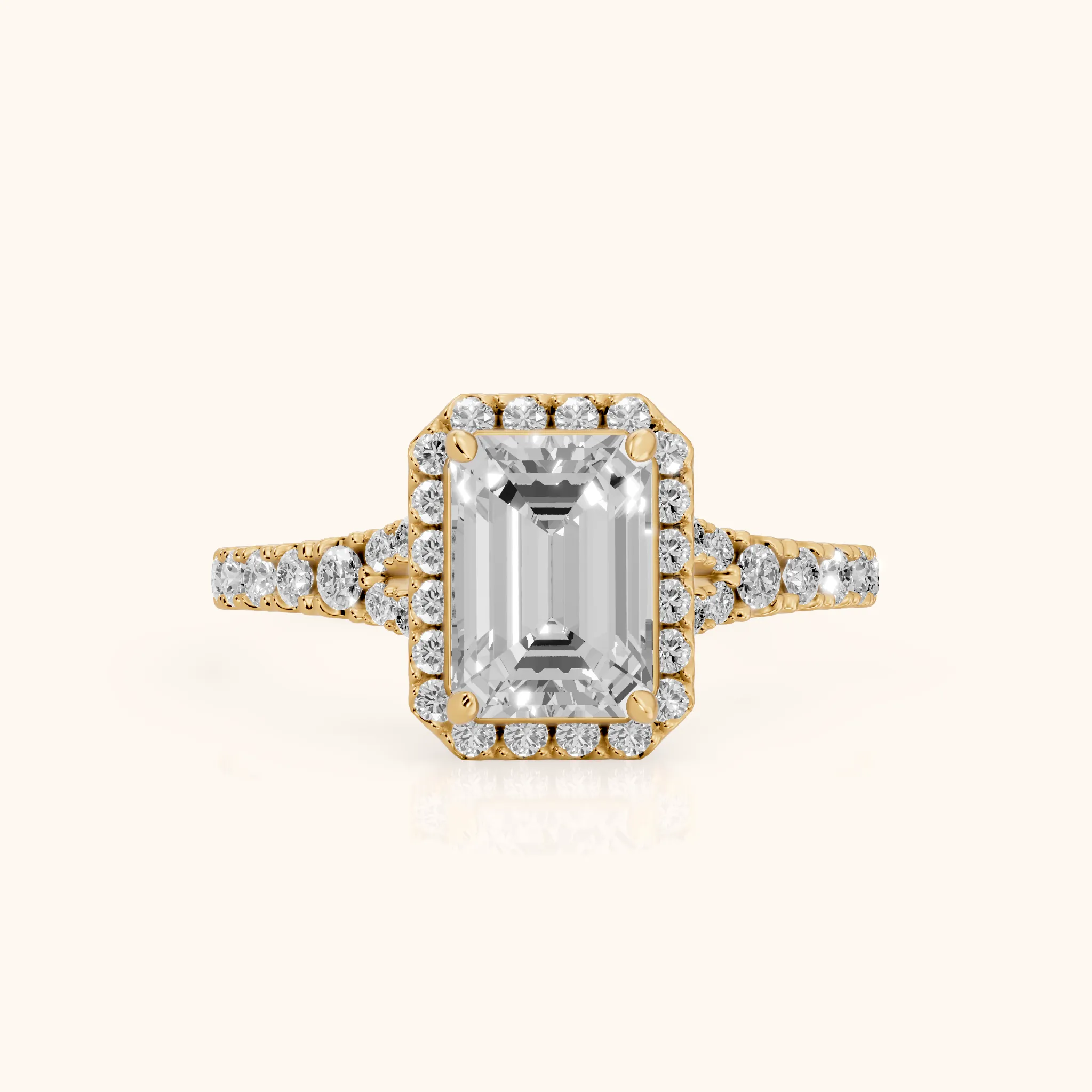Bella Halo Pavé Emerald Diamond Engagement Ring in Yellow Gold — view 1