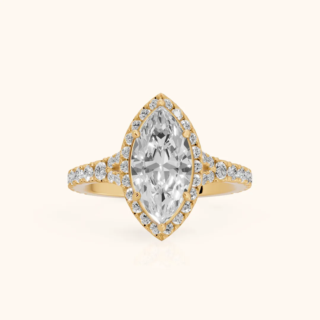 Bella Halo Pavé Marquise Diamond Engagement Ring in Yellow Gold — view 2