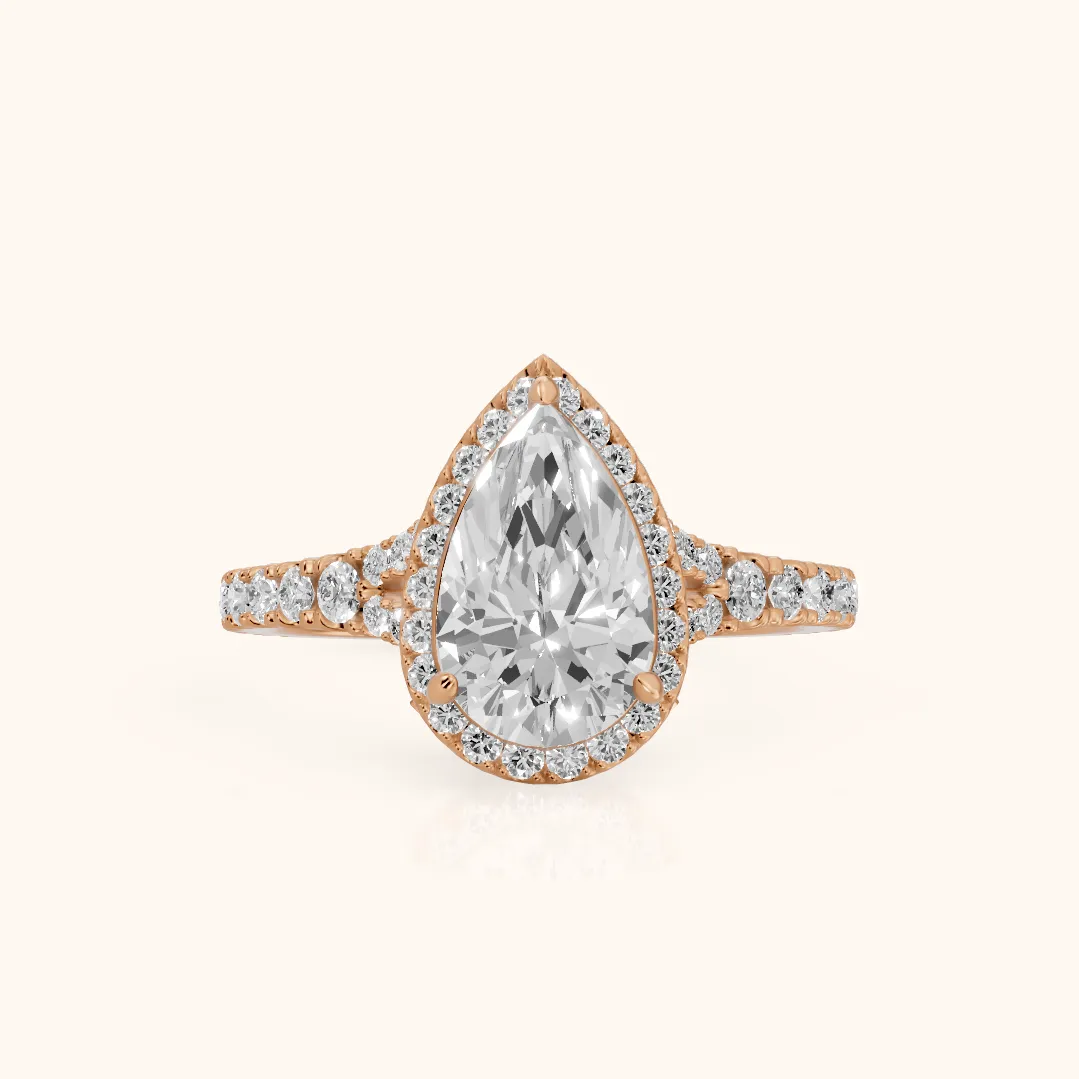 Bella Halo Pavé Pear Diamond Engagement Ring in Rose Gold — view 2