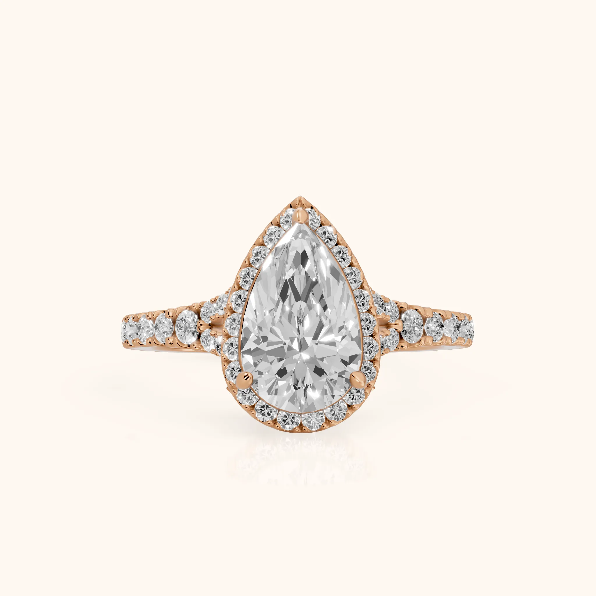 Bella Halo Pavé Pear Diamond Engagement Ring in Rose Gold — view 1