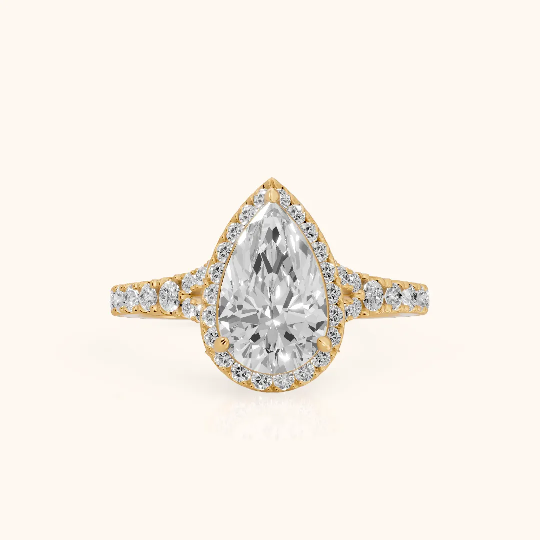 Bella Halo Pavé Pear Diamond Engagement Ring in Yellow Gold — view 2
