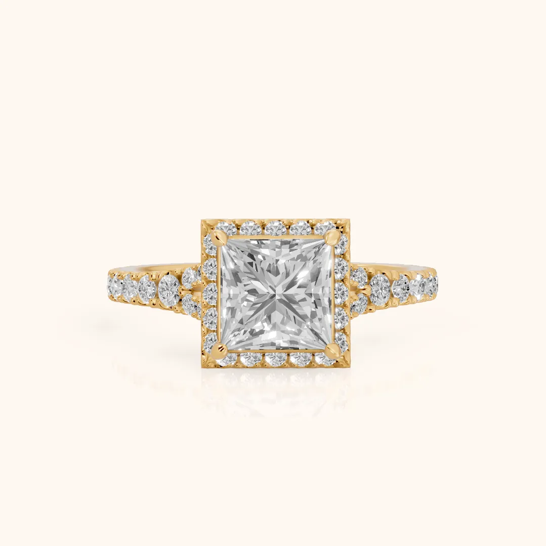 Bella Halo Pavé Princess Diamond Engagement Ring in Yellow Gold — view 2