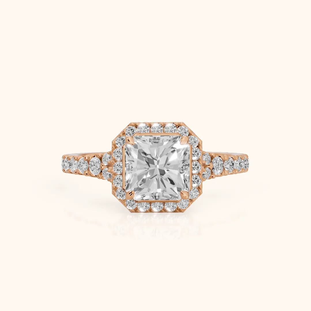 Bella Halo Pavé Radiant Diamond Engagement Ring in Rose Gold — view 2