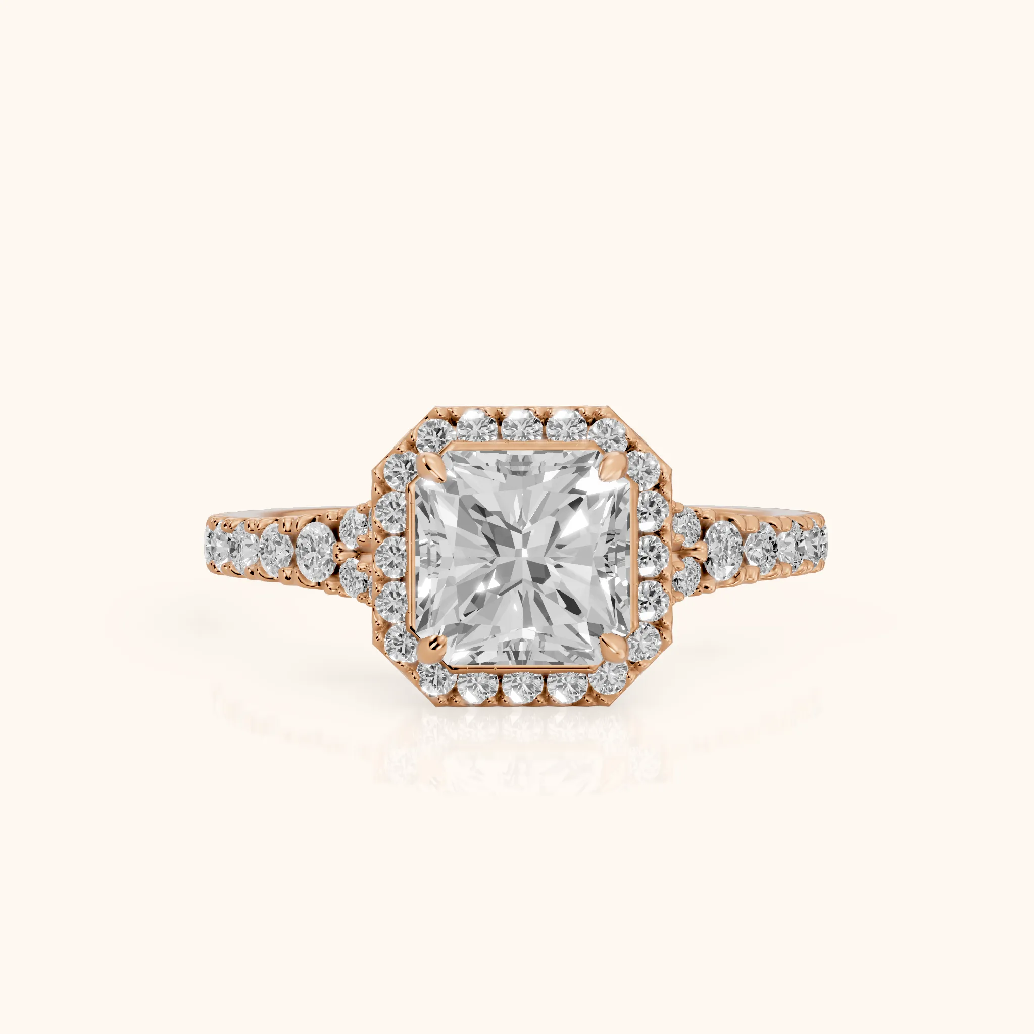 Bella Halo Pavé Radiant Diamond Engagement Ring in Rose Gold — view 1
