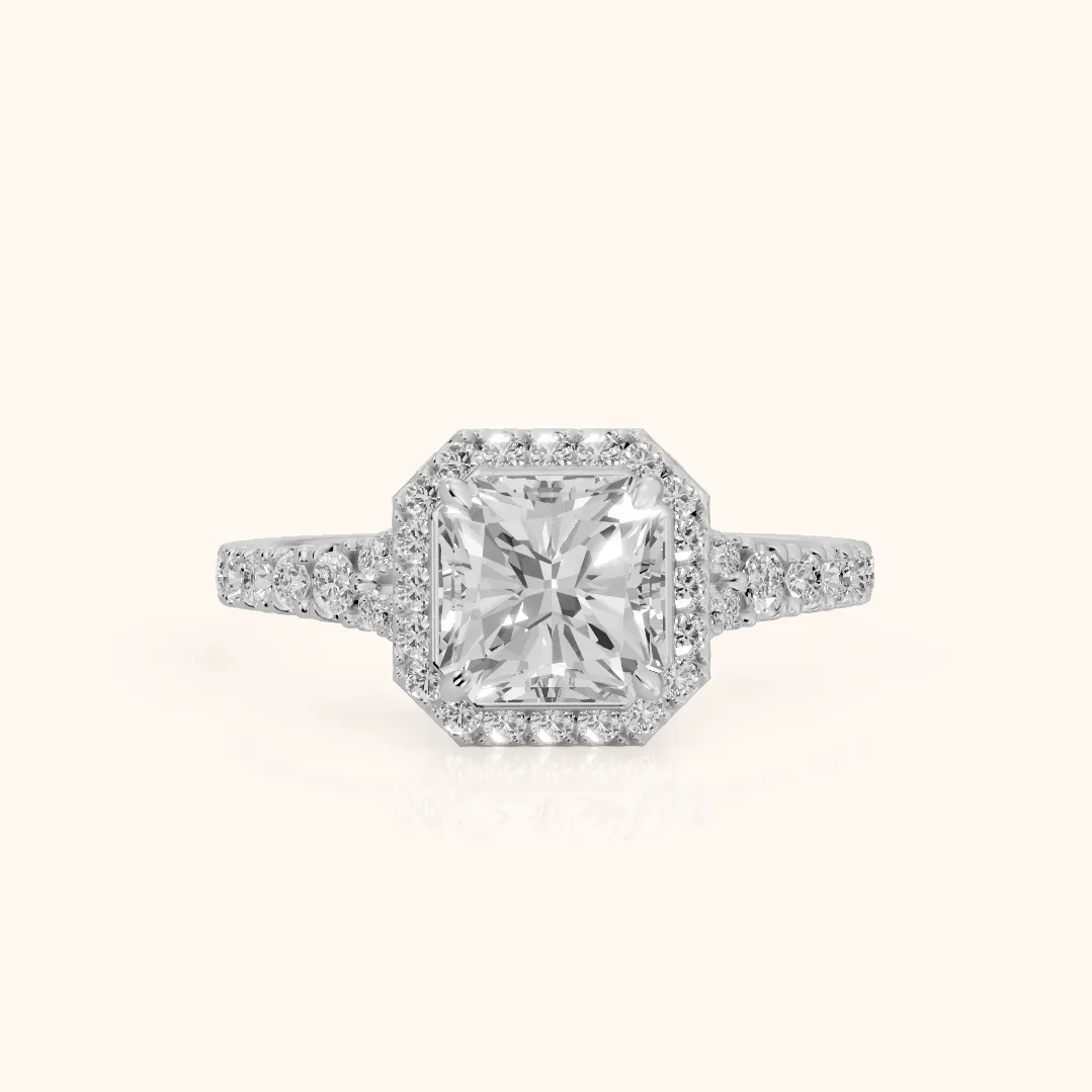 Bella Halo Pavé Radiant Diamond Engagement Ring in Platinum — view 2