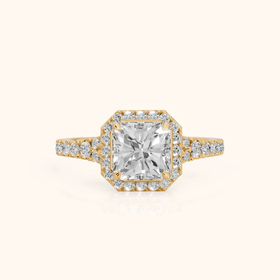 Bella Halo Pavé Radiant Diamond Engagement Ring in Yellow Gold — view 2