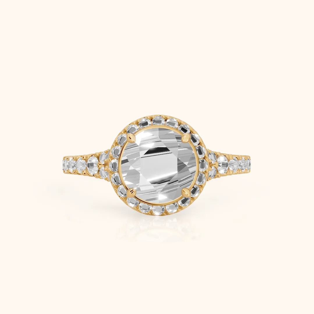 Bella Halo Pavé Round Diamond Engagement Ring in Yellow Gold — view 2