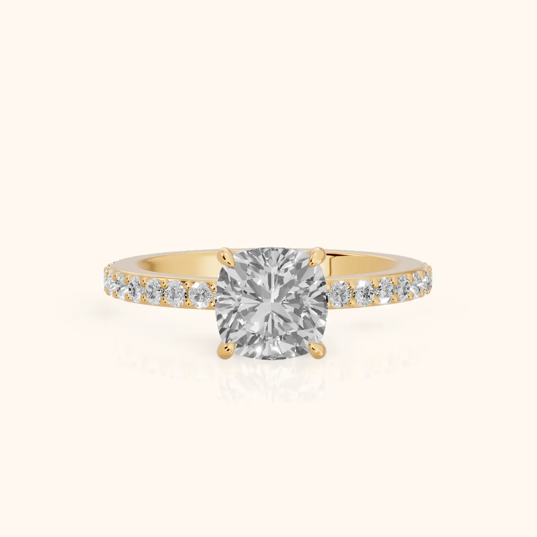 Aisha Pavé Solitaire Cushion Diamond Engagement Ring in Yellow Gold — view 2