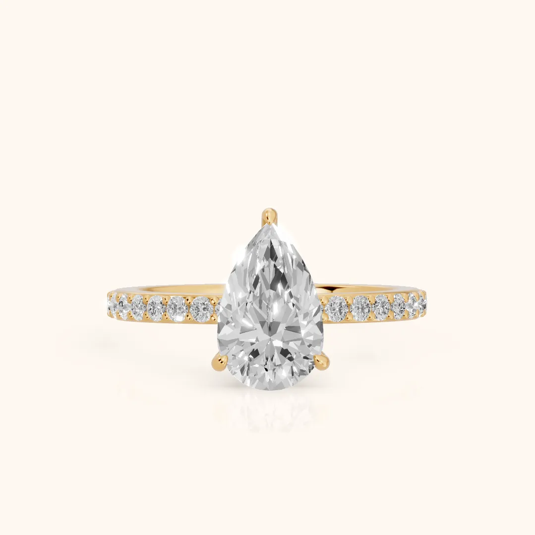 Aisha Pavé Solitaire Pear Diamond Engagement Ring in Yellow Gold — view 2