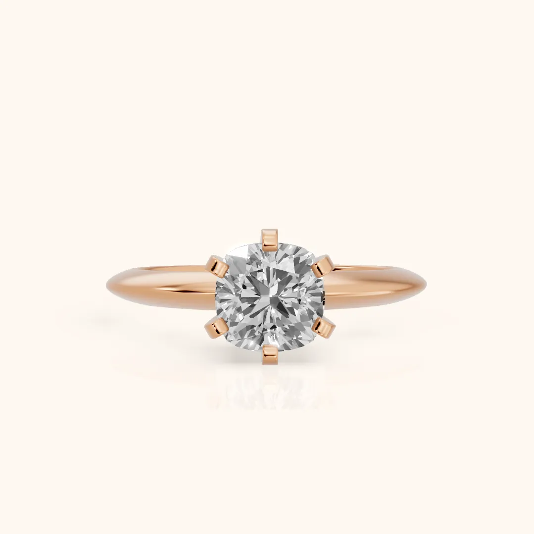 Amira Six-Prong Solitaire Cushion Diamond Engagement Ring in Rose Gold — view 2