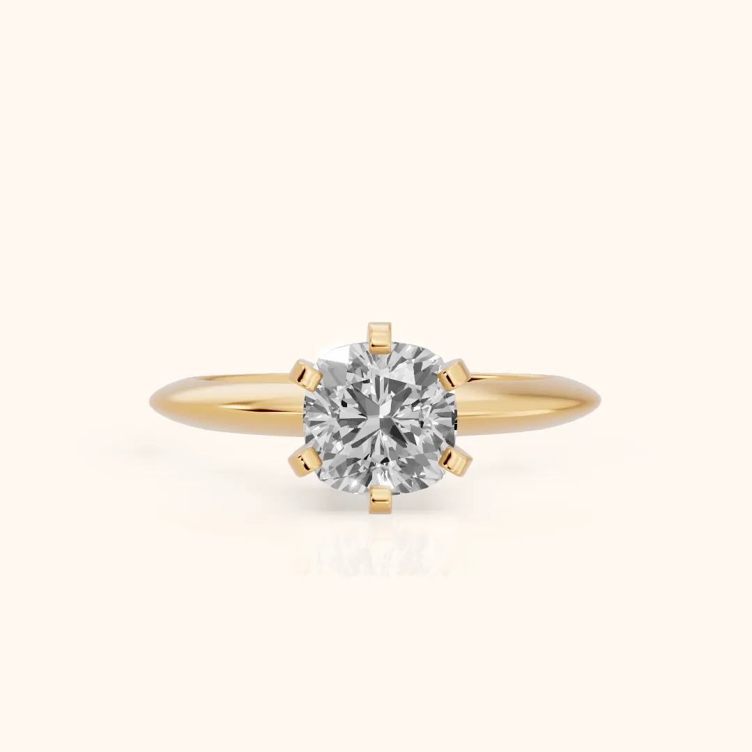 Amira Six-Prong Solitaire Cushion Diamond Engagement Ring in Yellow Gold — view 2