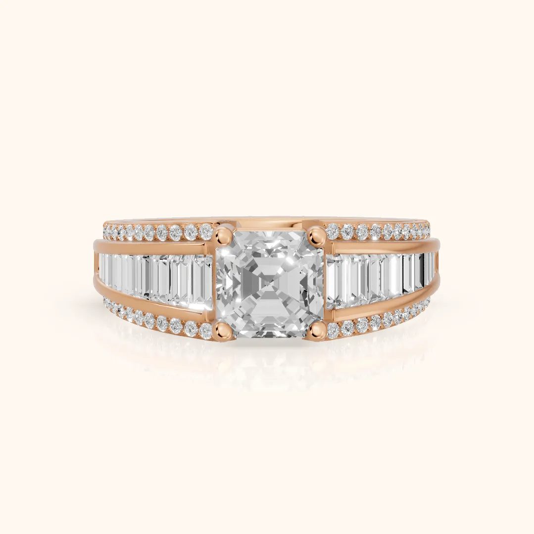 Halle Channel Set Baguette Accent Asscher Diamond Engagement Ring in Rose Gold — view 2