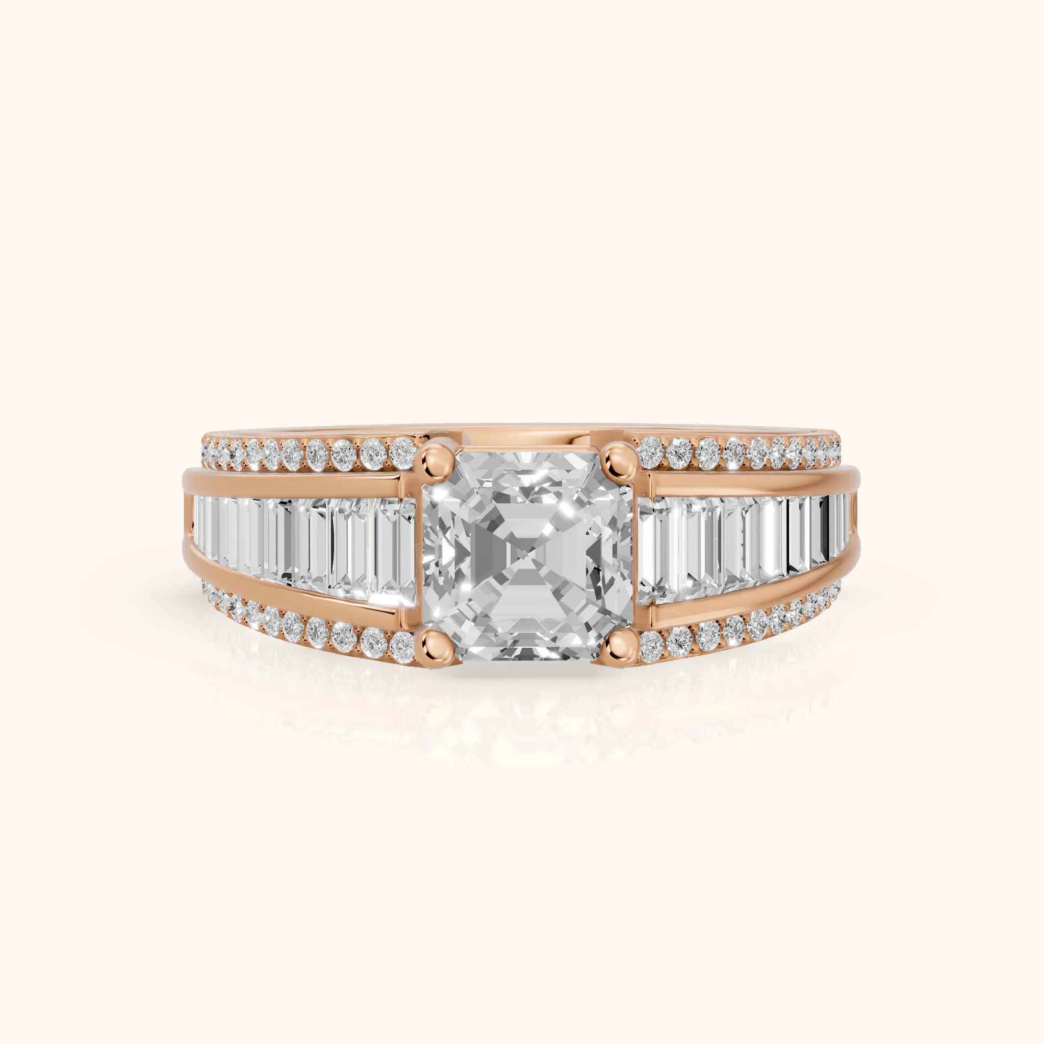 Halle Channel Set Baguette Accent Asscher Diamond Engagement Ring in Rose Gold — view 1