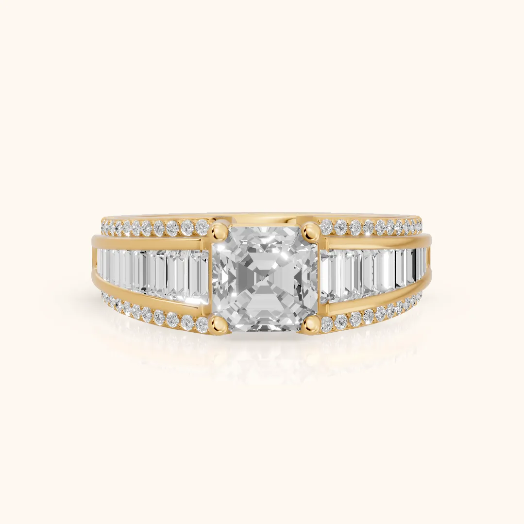 Halle Channel Set Baguette Accent Asscher Diamond Engagement Ring in Yellow Gold — view 2