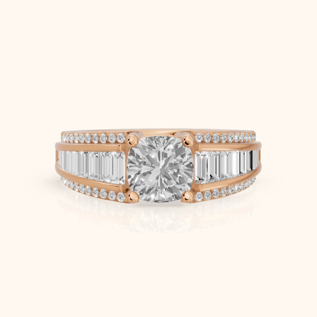 Halle Channel Set Baguette Accent Cushion Diamond Engagement Ring in Rose Gold — view 2