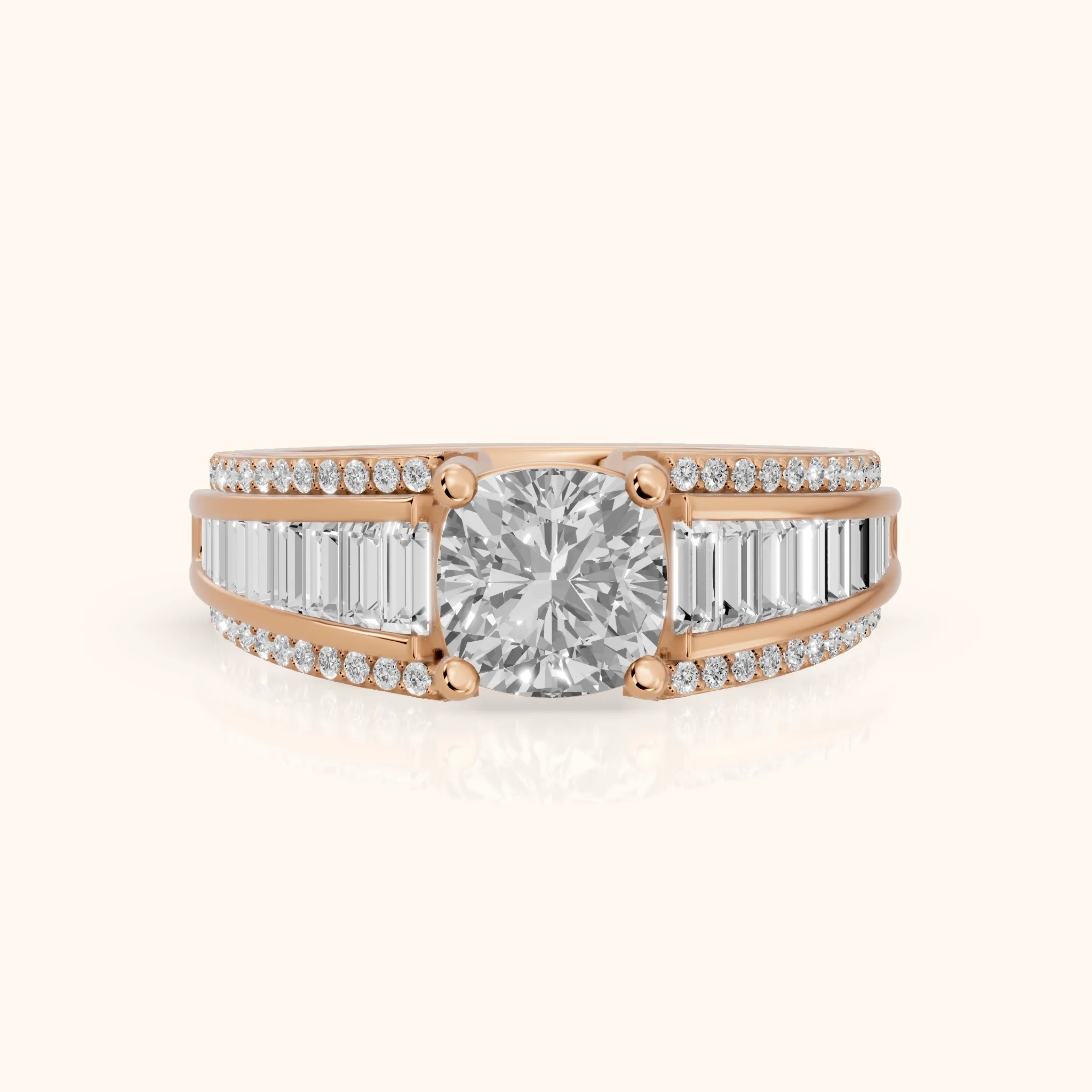 Halle Channel Set Baguette Accent Cushion Diamond Engagement Ring in Rose Gold — view 1
