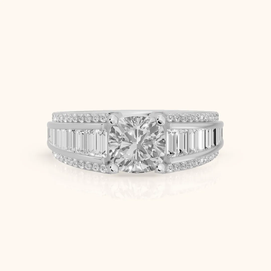 Halle Channel Set Baguette Accent Cushion Diamond Engagement Ring in Silver — view 2