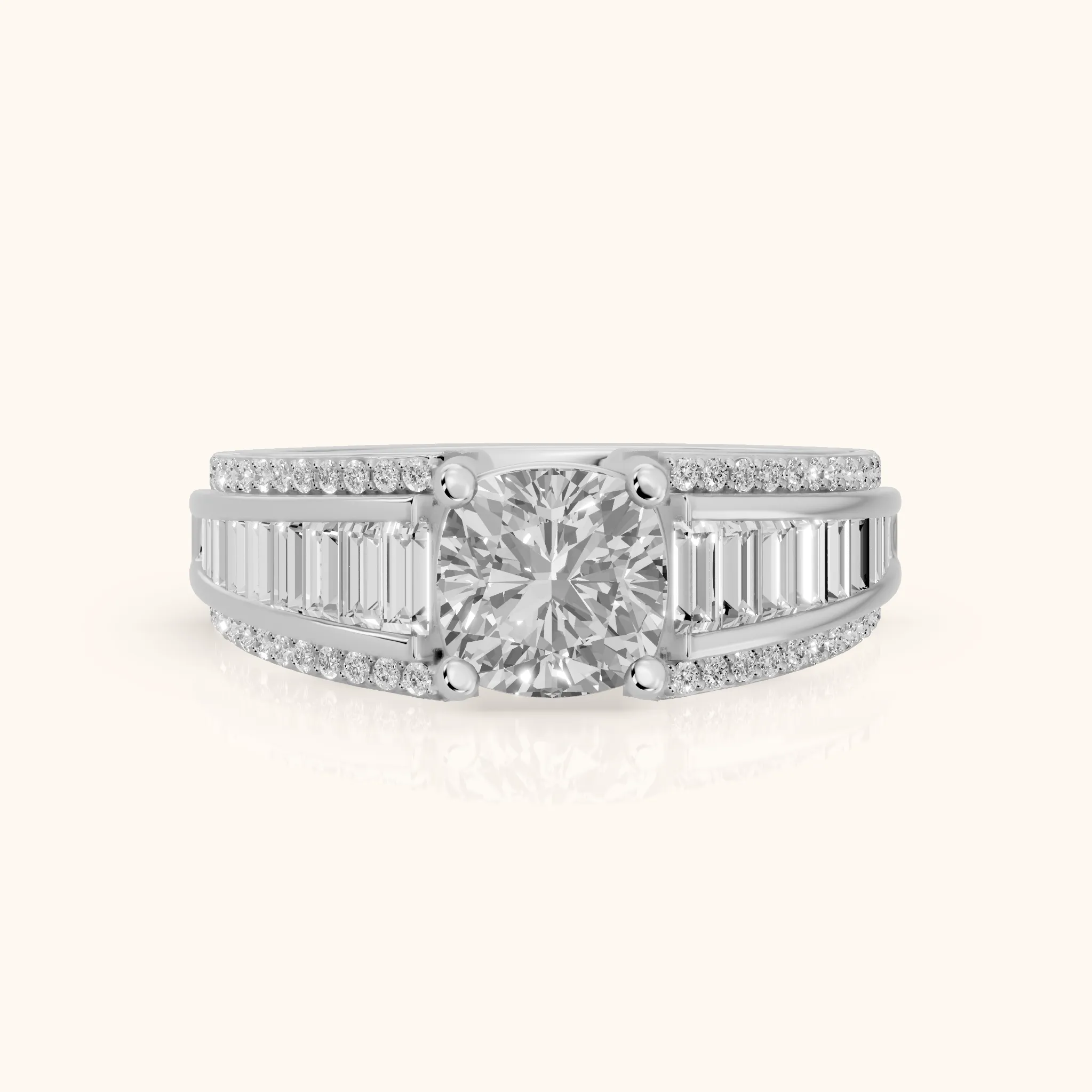 Halle Channel Set Baguette Accent Cushion Diamond Engagement Ring in Silver — view 1