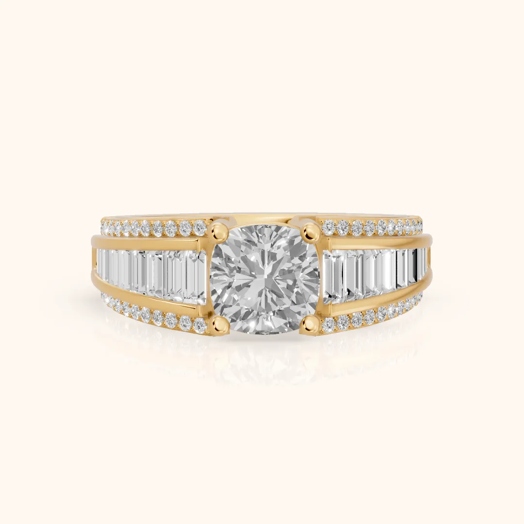 Halle Channel Set Baguette Accent Cushion Diamond Engagement Ring in Yellow Gold — view 2