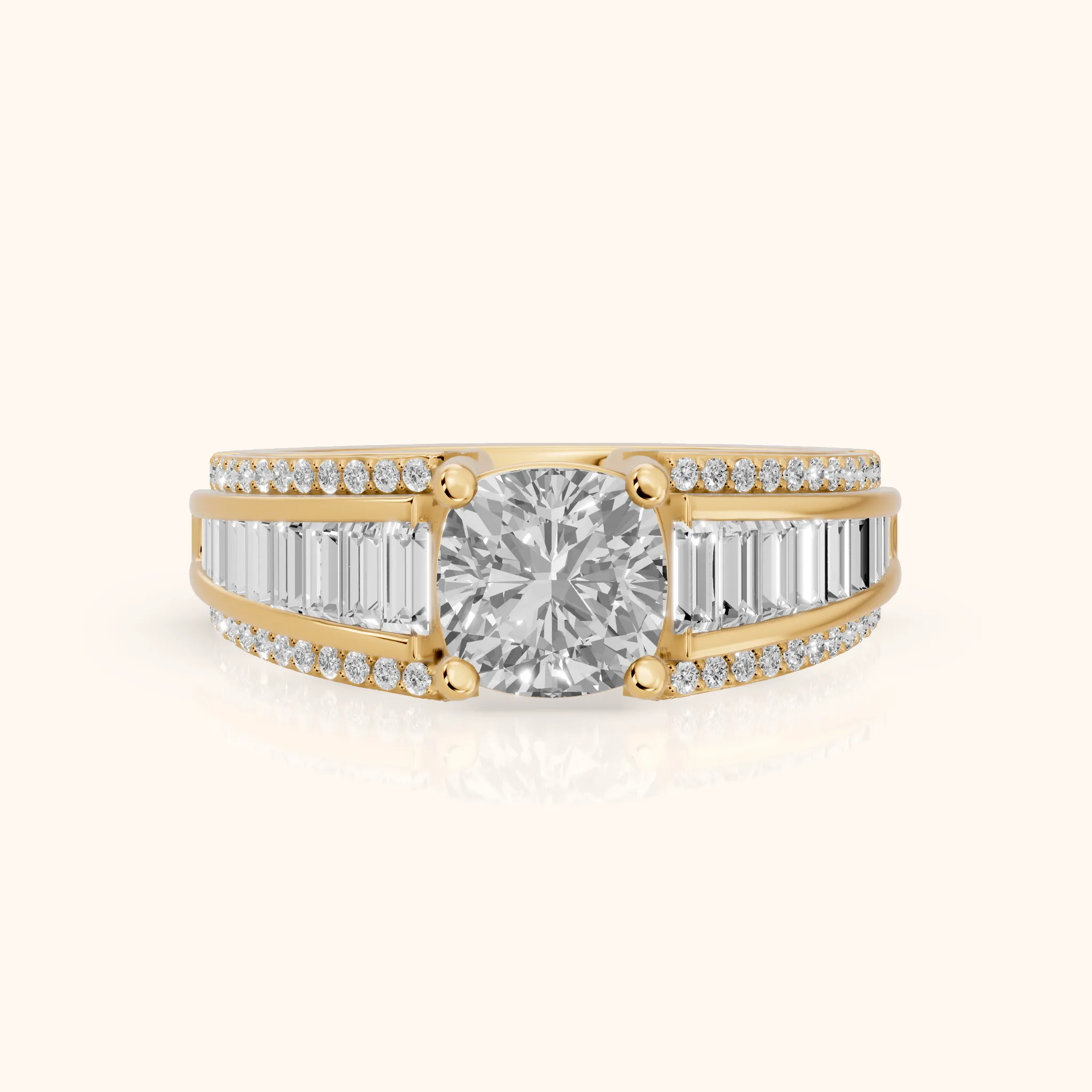 Halle Channel Set Baguette Accent Cushion Diamond Engagement Ring in Yellow Gold — view 1