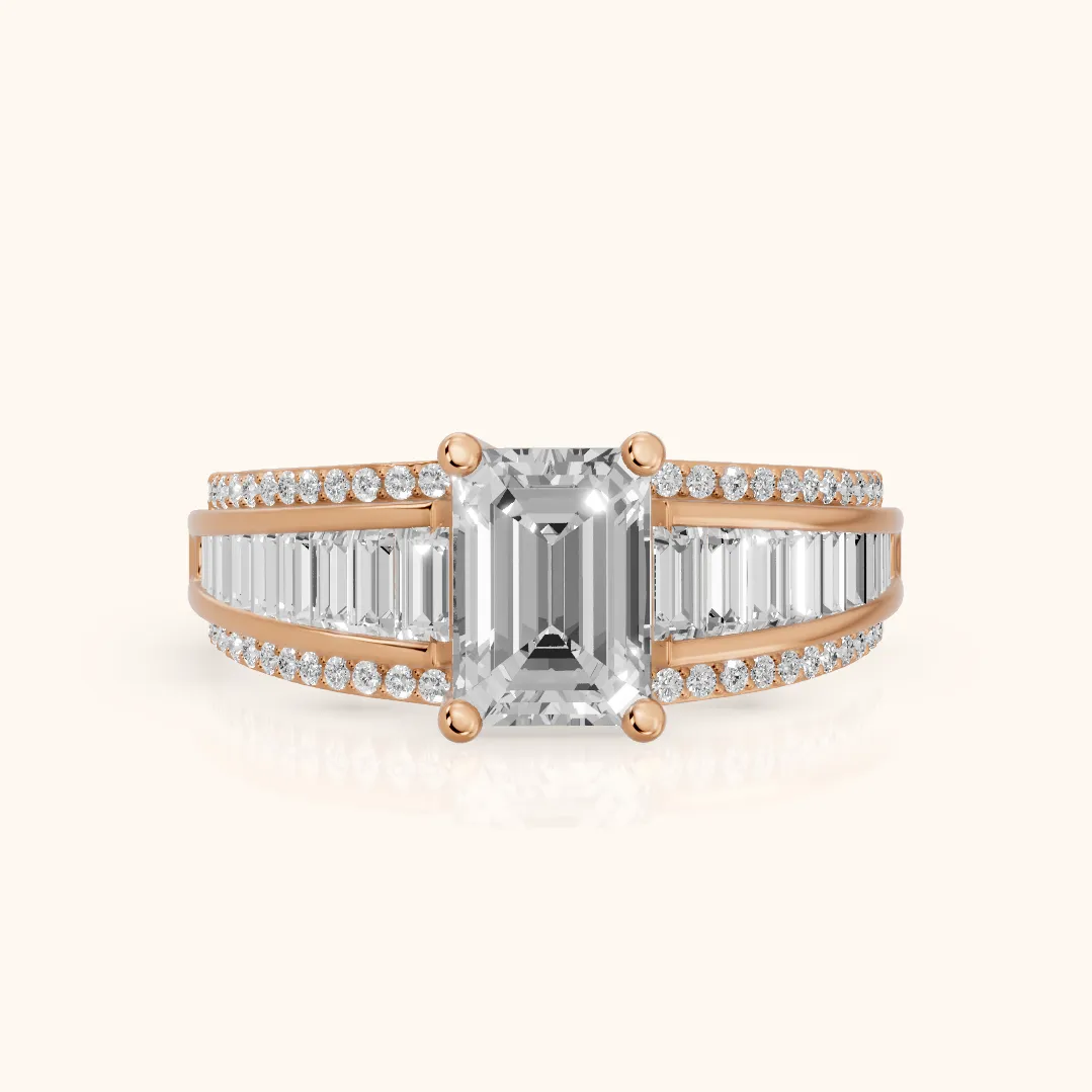 Halle Channel Set Baguette Accent Emerald Diamond Engagement Ring in Rose Gold — view 2