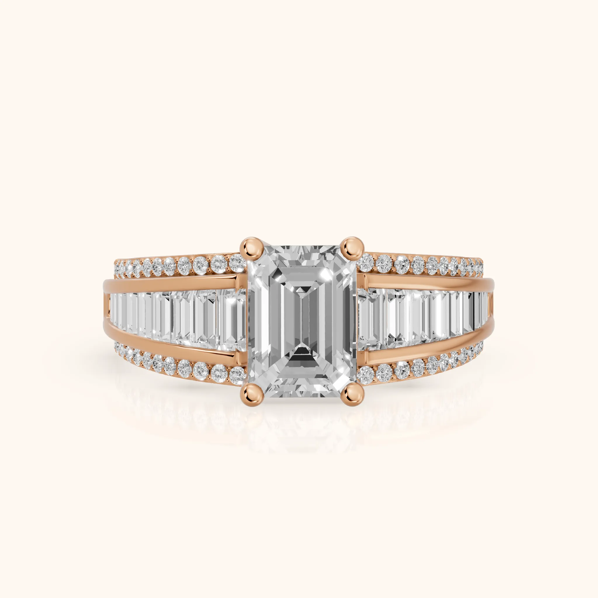 Halle Channel Set Baguette Accent Emerald Diamond Engagement Ring in Rose Gold — view 1