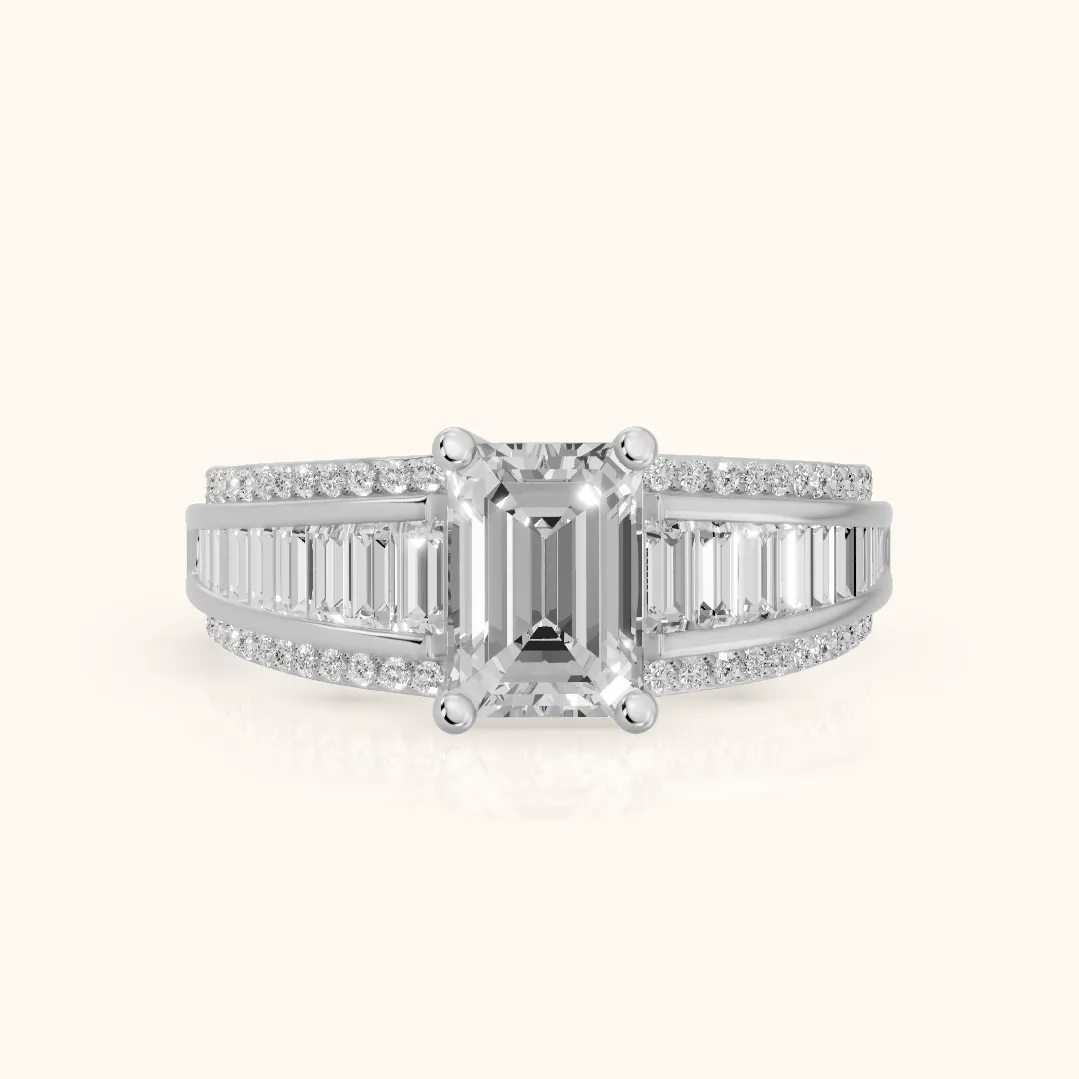 Halle Channel Set Baguette Accent Emerald Diamond Engagement Ring in Silver — view 2