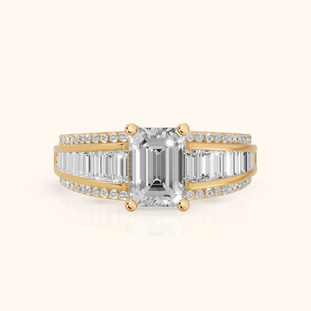 Halle Channel Set Baguette Accent Emerald Diamond Engagement Ring in Yellow Gold — view 2