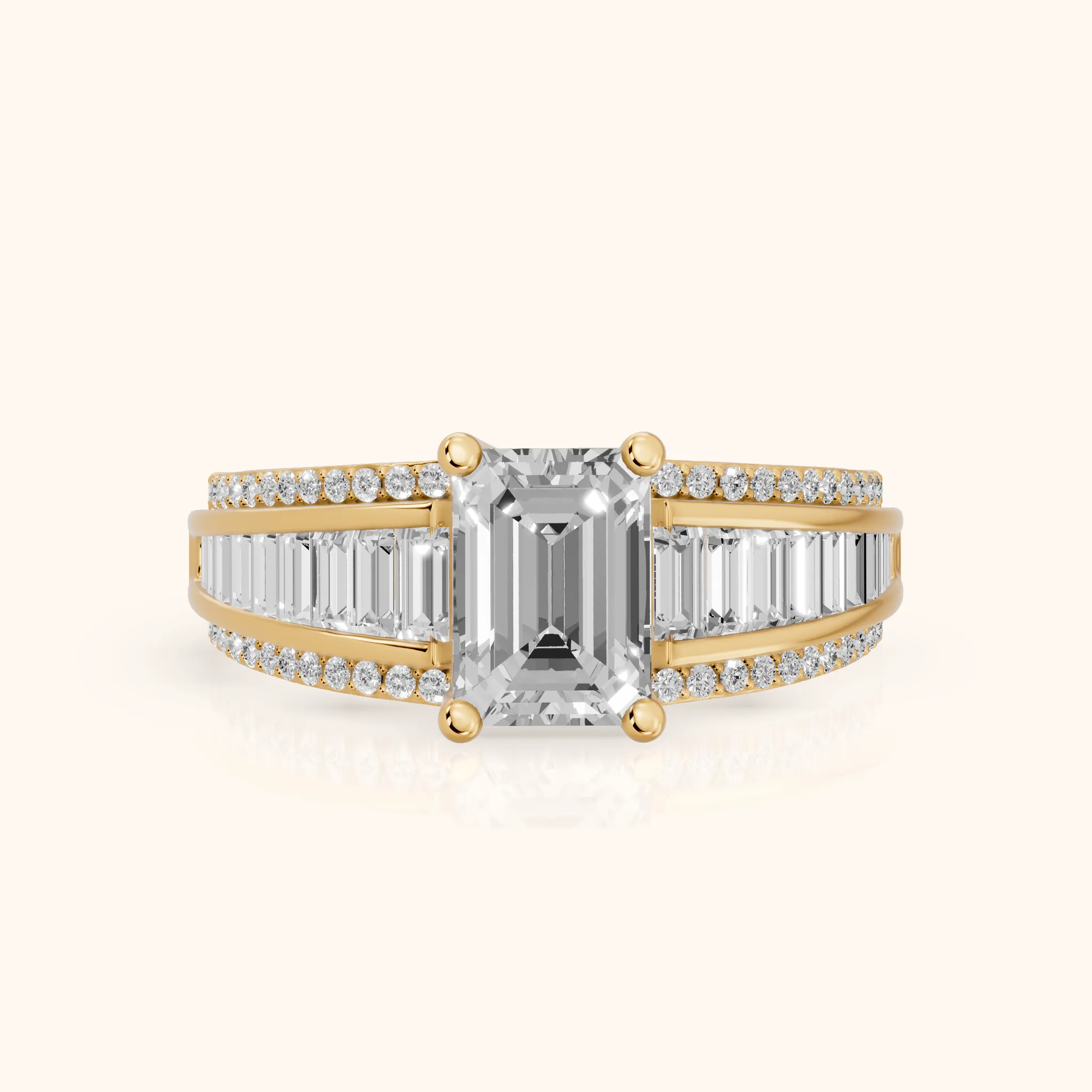 Halle Channel Set Baguette Accent Emerald Diamond Engagement Ring in Yellow Gold — view 1