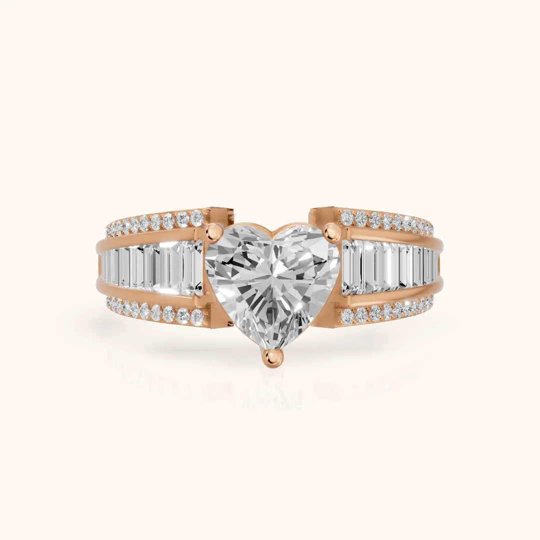 Halle Channel Set Baguette Accent Heart Diamond Engagement Ring in Rose Gold — view 2
