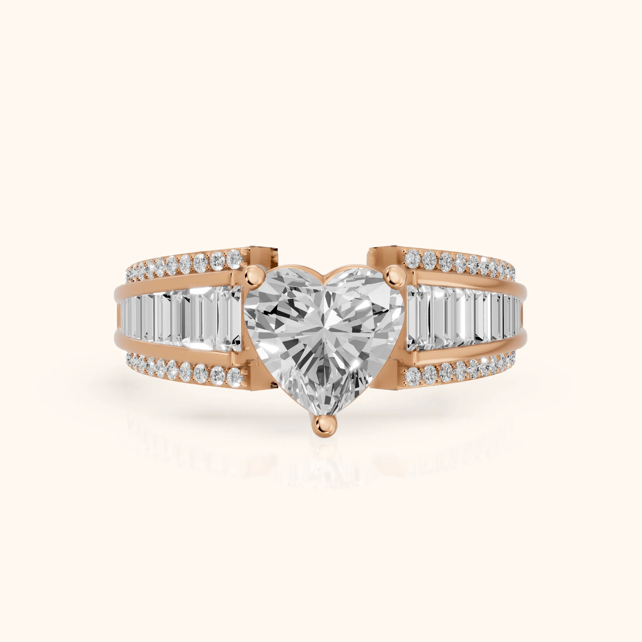 Halle Channel Set Baguette Accent Heart Diamond Engagement Ring in Rose Gold — view 1