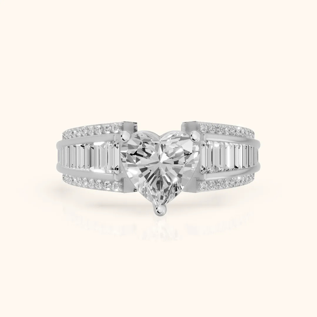 Halle Channel Set Baguette Accent Heart Diamond Engagement Ring in Platinum — view 2