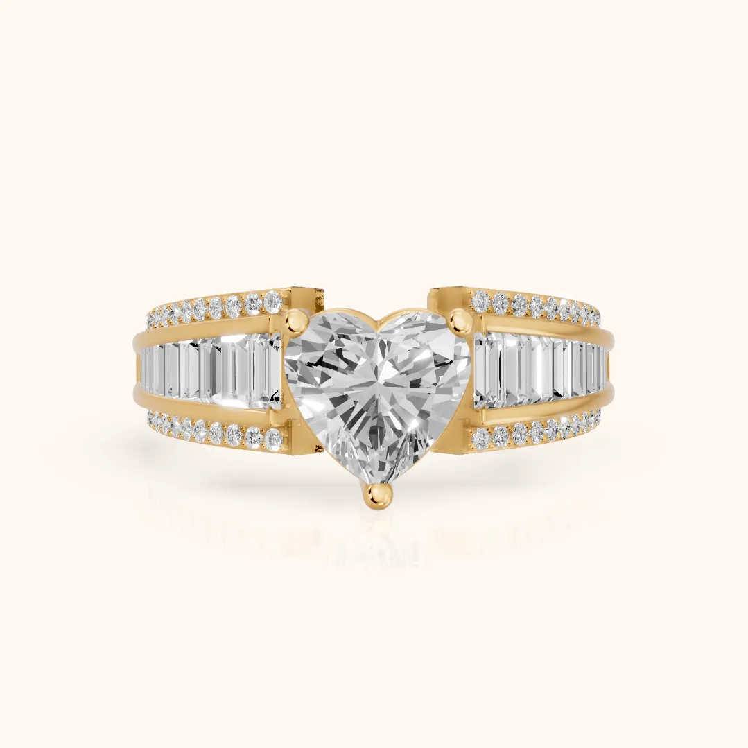 Halle Channel Set Baguette Accent Heart Diamond Engagement Ring in Yellow Gold — view 2
