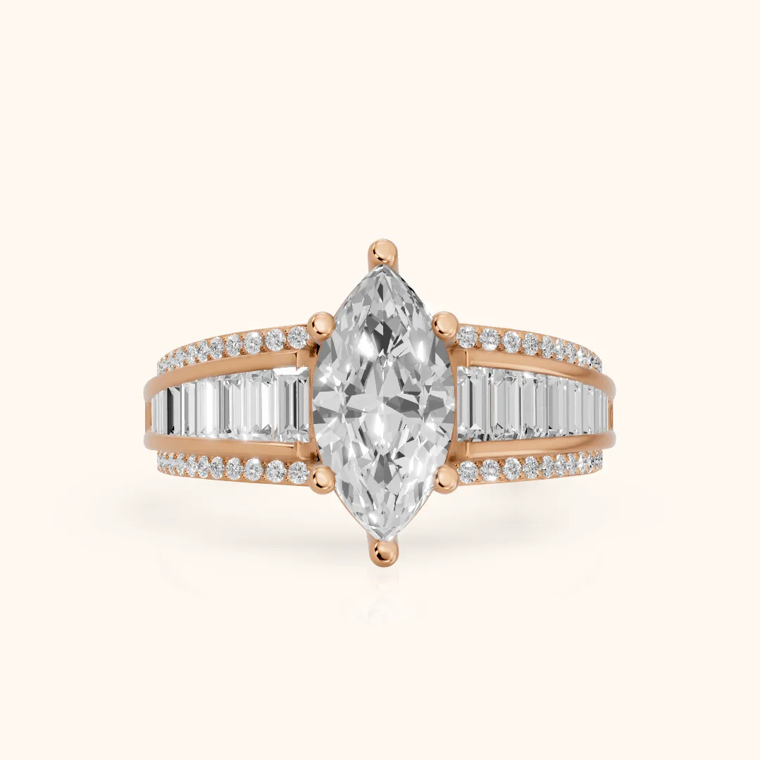 Halle Channel Set Baguette Accent Marquise Diamond Engagement Ring in Rose Gold — view 2