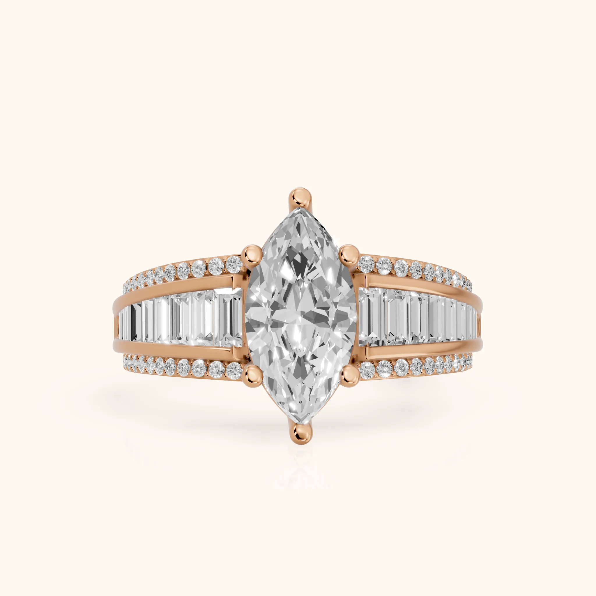 Halle Channel Set Baguette Accent Marquise Diamond Engagement Ring in Rose Gold — view 1