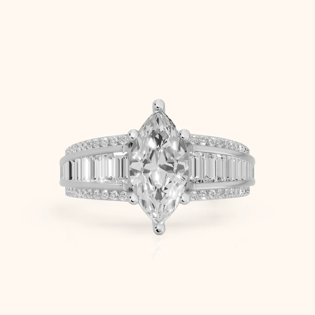 Halle Channel Set Baguette Accent Marquise Diamond Engagement Ring in Silver — view 2