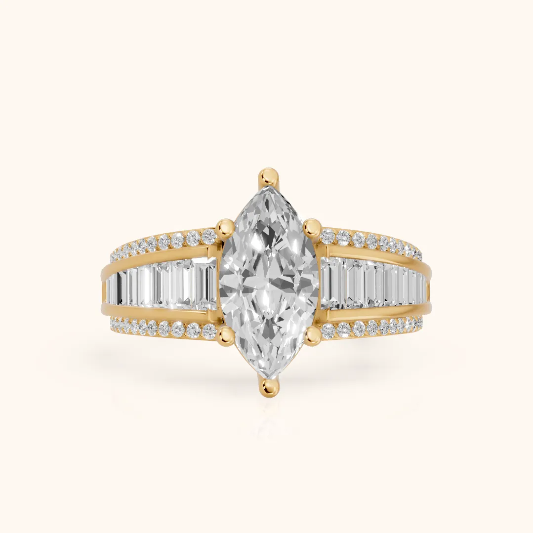 Halle Channel Set Baguette Accent Marquise Diamond Engagement Ring in Yellow Gold — view 2