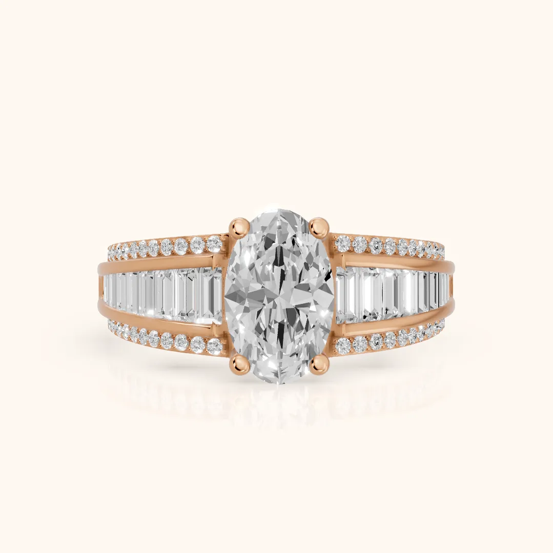 Halle Channel Set Baguette Accent Oval Diamond Engagement Ring in Rose Gold — view 2
