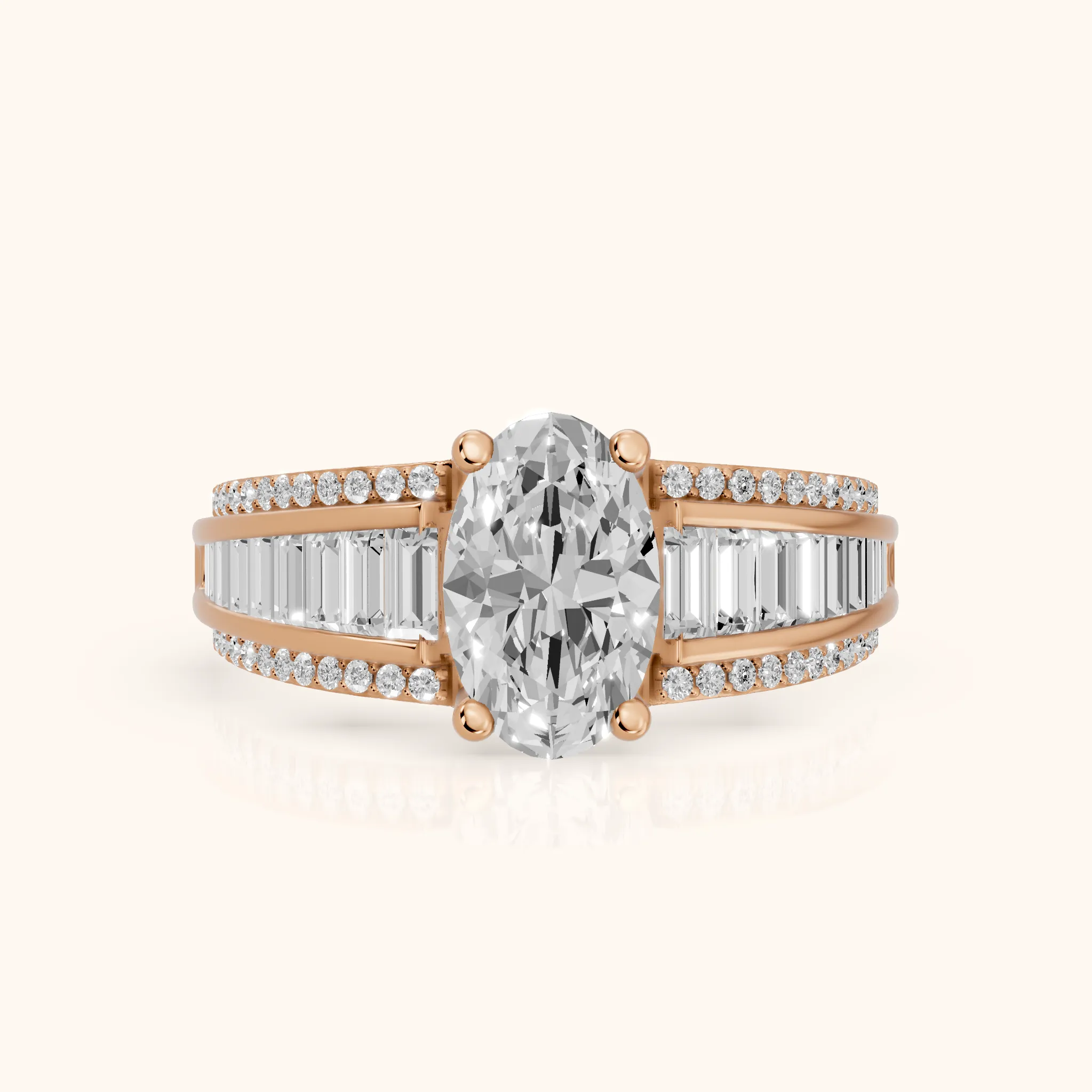 Halle Channel Set Baguette Accent Oval Diamond Engagement Ring in Rose Gold — view 1