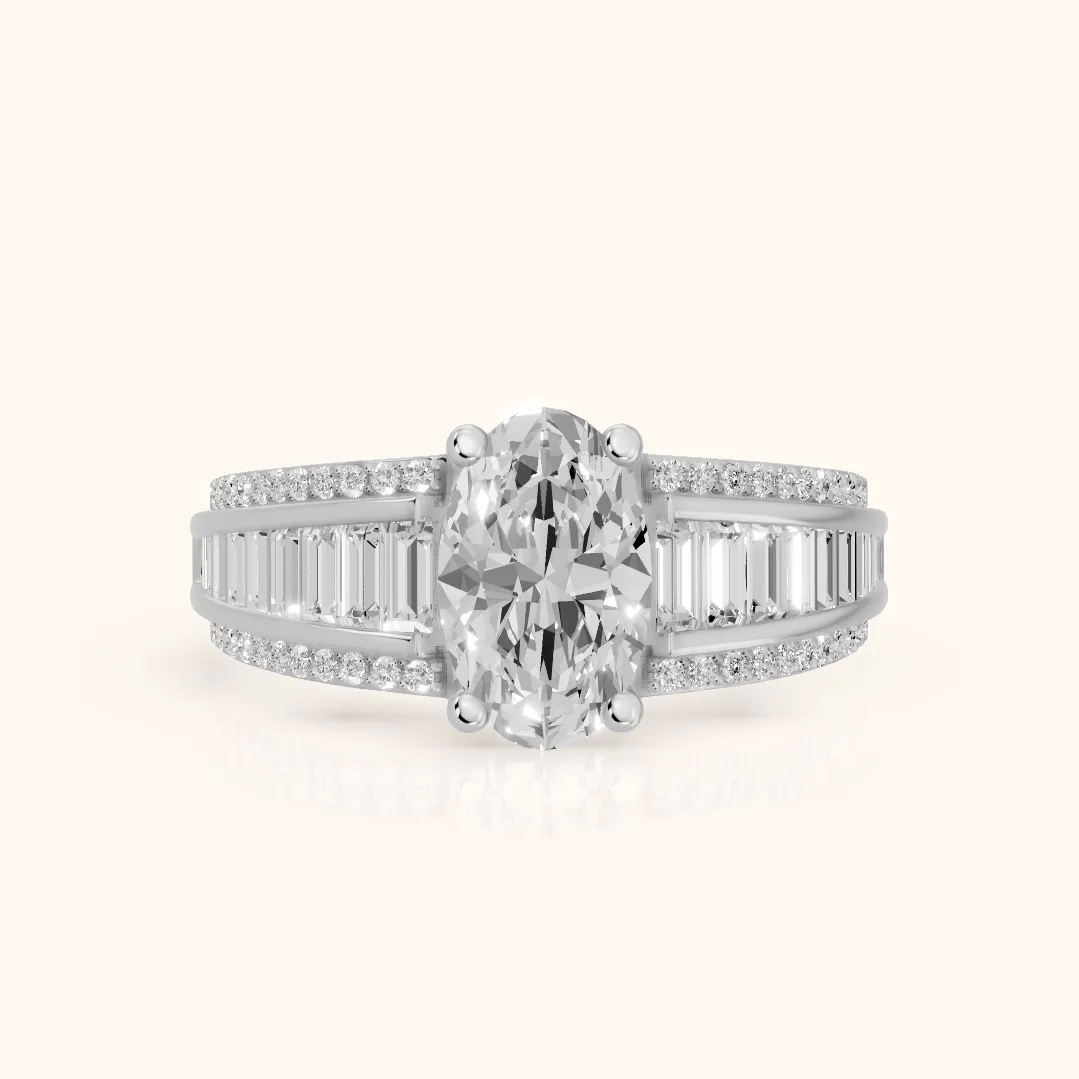 Halle Channel Set Baguette Accent Oval Diamond Engagement Ring in Platinum — view 2