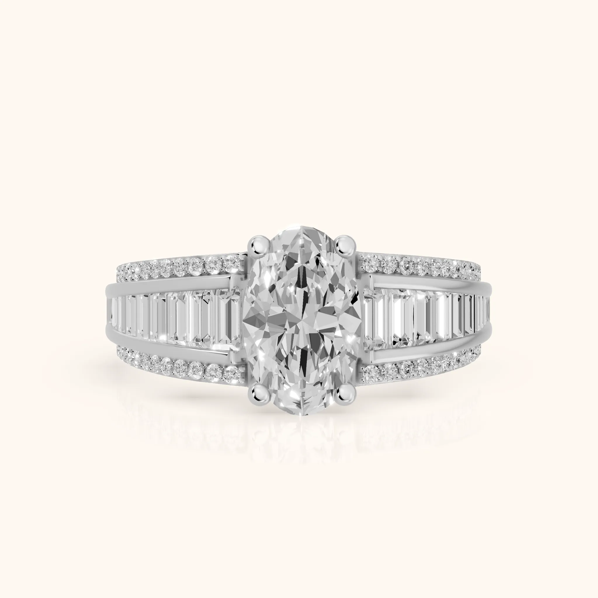 Halle Channel Set Baguette Accent Oval Diamond Engagement Ring in Platinum — view 1