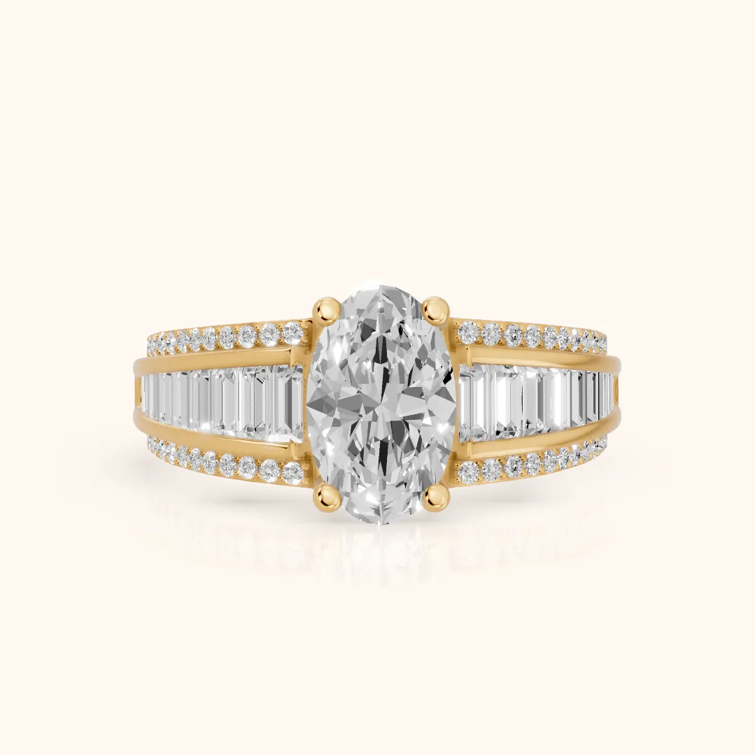 Halle Channel Set Baguette Accent Oval Diamond Engagement Ring in Yellow Gold — view 2