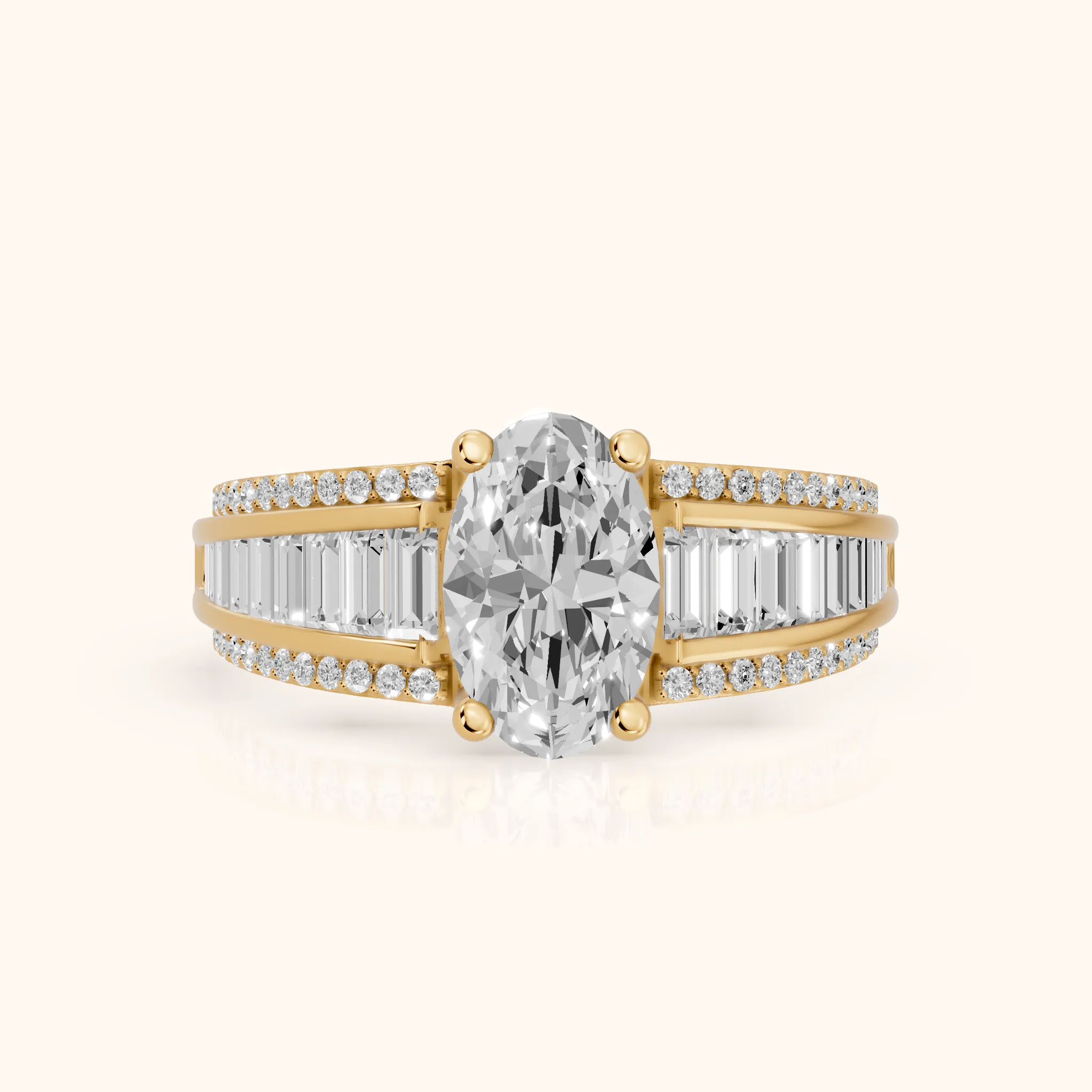Halle Channel Set Baguette Accent Oval Diamond Engagement Ring in Yellow Gold — view 1