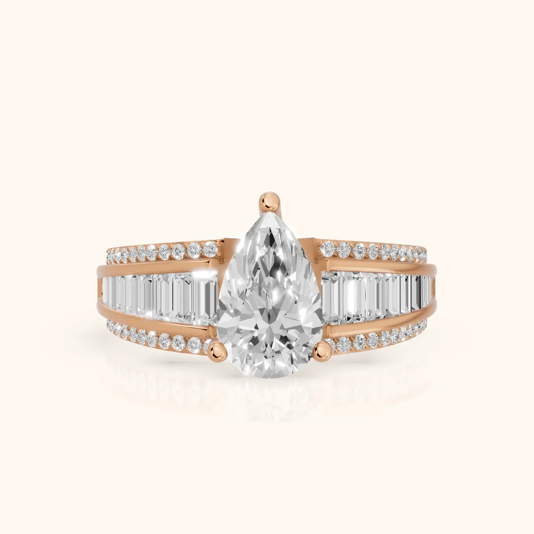 Halle Channel Set Baguette Accent Pear Diamond Engagement Ring in Rose Gold — view 2