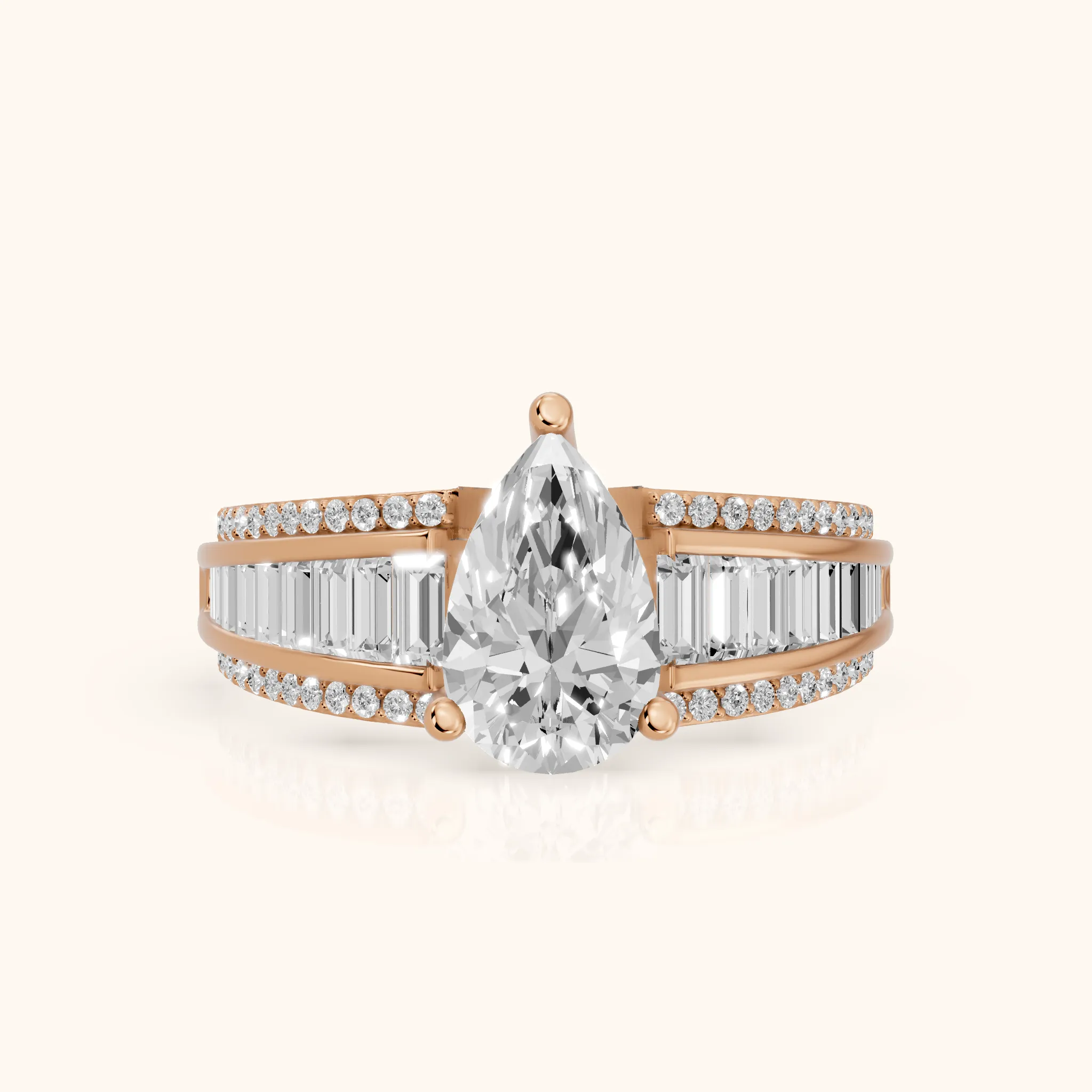 Halle Channel Set Baguette Accent Pear Diamond Engagement Ring in Rose Gold — view 1