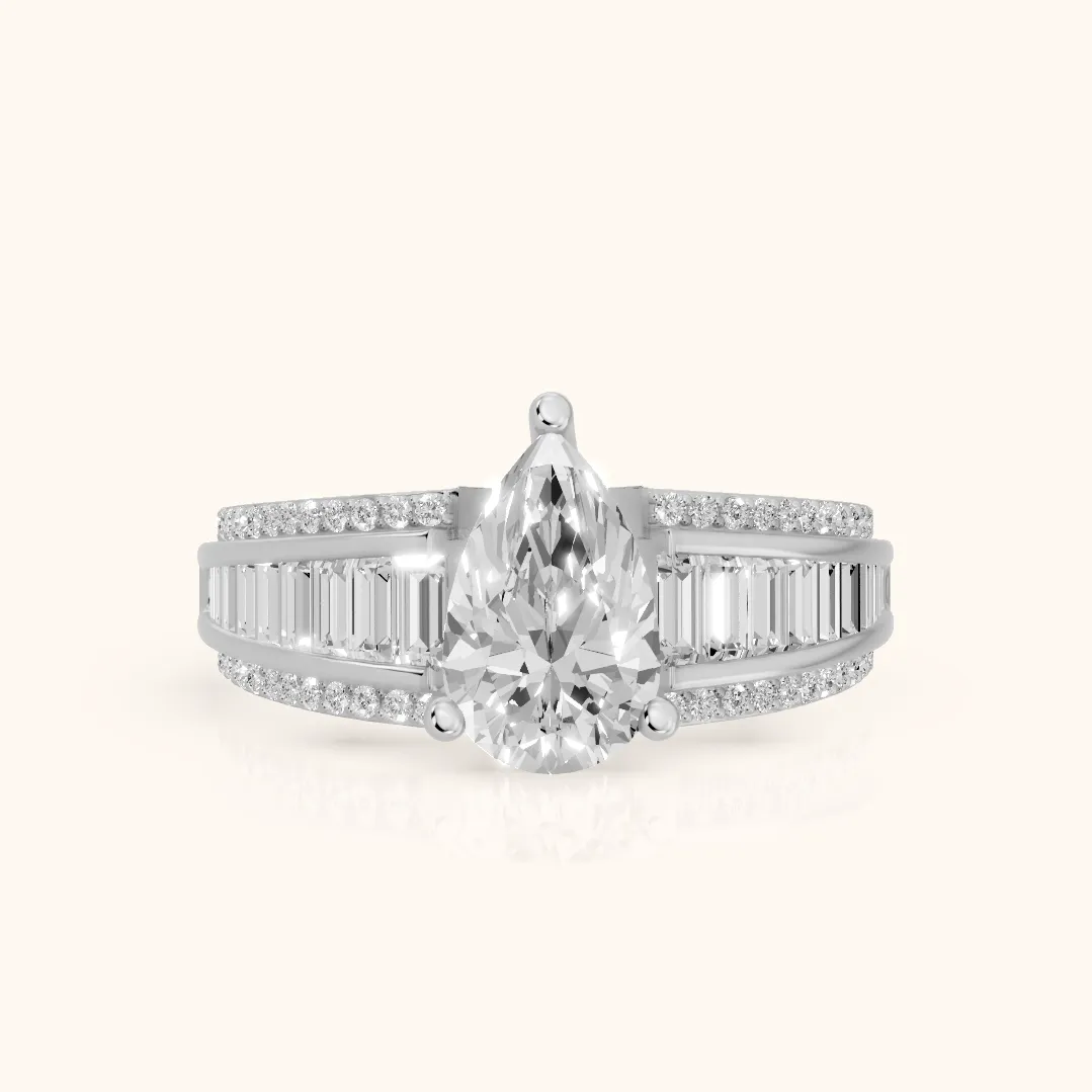 Halle Channel Set Baguette Accent Pear Diamond Engagement Ring in Platinum — view 2