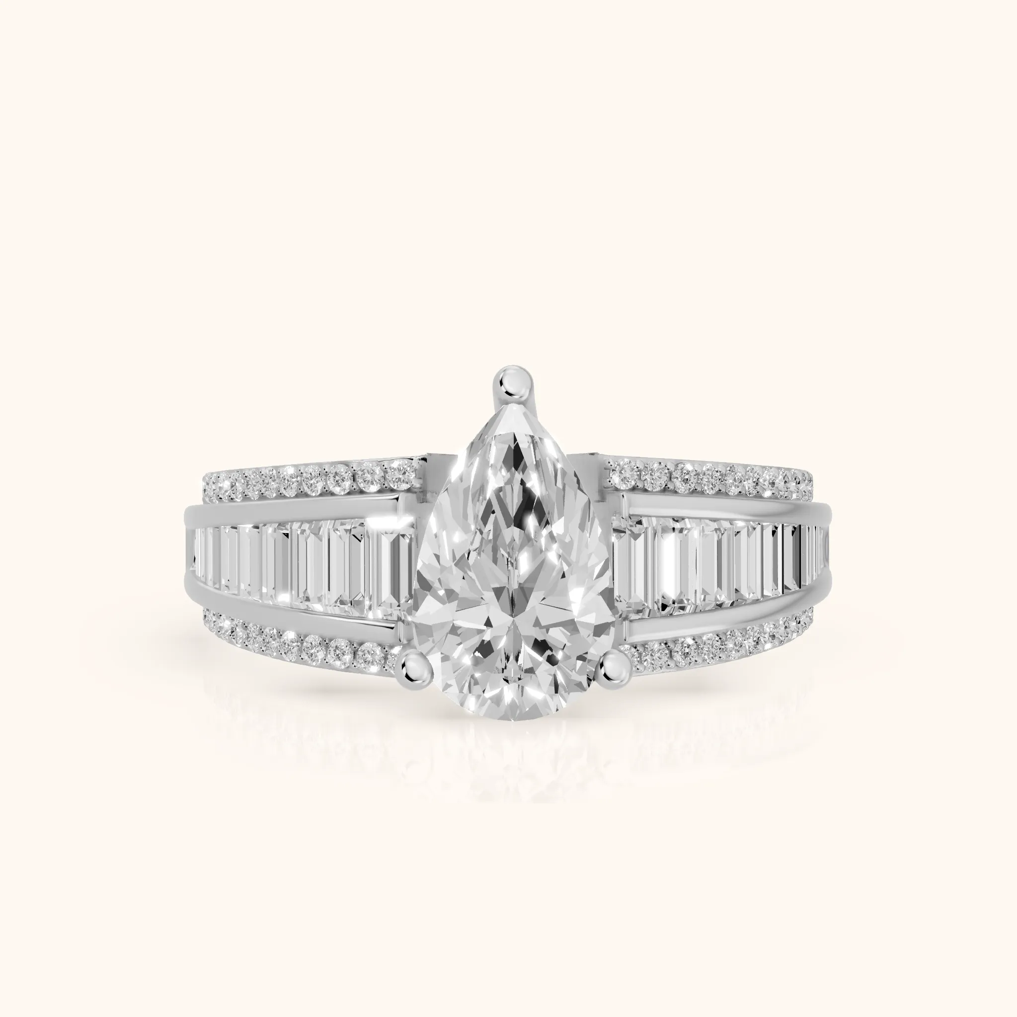 Halle Channel Set Baguette Accent Pear Diamond Engagement Ring in Platinum — view 1