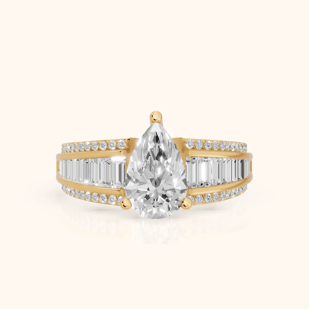 Halle Channel Set Baguette Accent Pear Diamond Engagement Ring in Yellow Gold — view 2